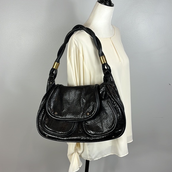 R&Y Augousti Large Black Python Snakeskin Shoulder Bag with Brass Hardware - Picture 9 of 17